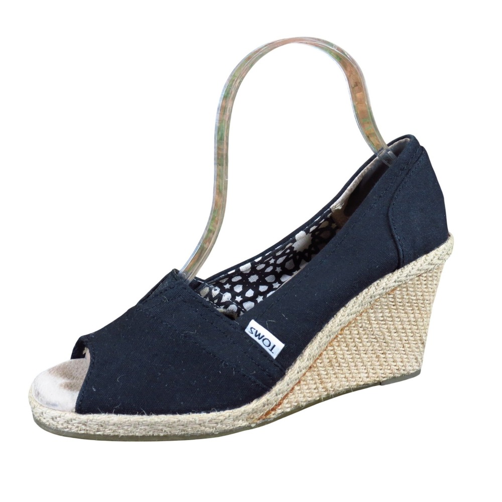 TOMS‎ Calypso Women Wedge Sandal Size 7.5 Summer Travel Black Canvas Espadrille